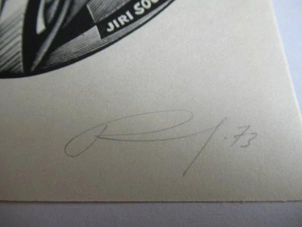 Exlibris – Ing. Jiří Soukup – Anatolij Ivanovič Kalašnikov – Konstruktivistický motiv s koly a křídly – původní dřevoryt (X2), 11×10 cm
