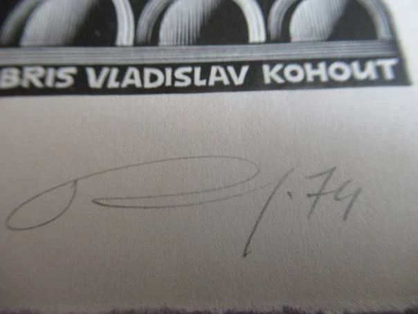 Exlibris – Vladislav Kohout – Anatolij Ivanovič Kalašnikov – Konstruktivistická krystalická architektura s věžemi a vlajkou – původní dřevoryt (X2), 14×10 cm