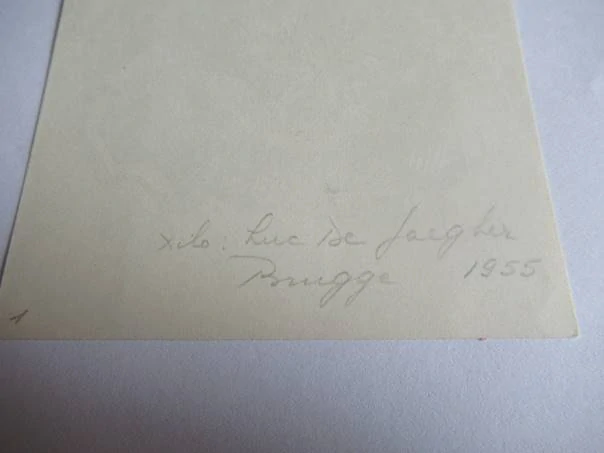 Exlibris – Ludo Segers – Luc De Jaegher – Madona s dítětem, harfou a květem – původní dřevoryt (X2), 10×8,5 cm