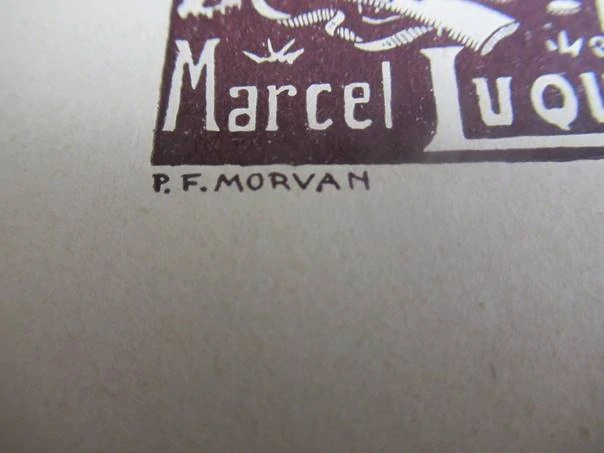 Exlibris – Marcel Luquet – P. F. Morvan – Pirátský motiv s tukanem a pokladem – původní zinkografie / perokresba, 11×8,5 cm