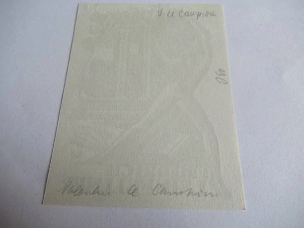 Exlibris – Friedrich Leinfellner – Valentin Le Campion – Ženský akt u iniciál s růží a knihami – původní dřevoryt (X2), 8,5×6 cm