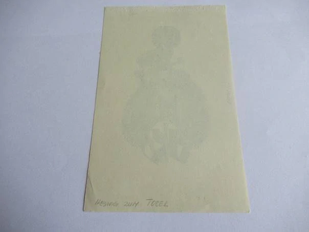 Exlibris – Hans Konzett – Hedwig zum Tobel – Švadlena (Přadlena) nad chrámem s iniciálami HK – původní dřevoryt (X2), 13,5×8,5 cm