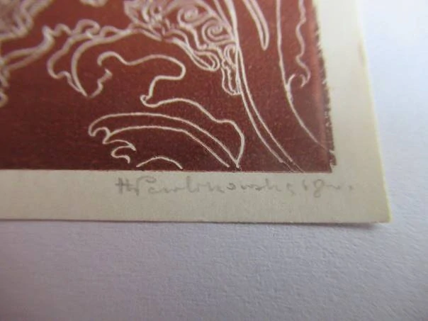 Exlibris – Muzeum Śląskie – Maria Pawlikowska – Výroční secesní florální kompozice – původní linoryt / dřevoryt, 12×8,5 cm