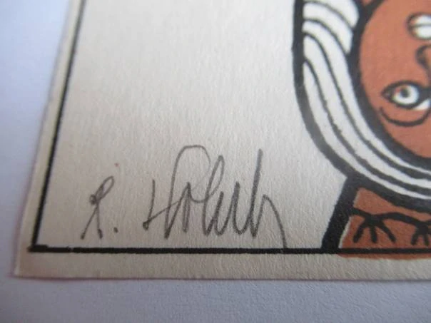 Exlibris – M. Mašek – Rostislav Holub – Hrací karta (Král s korbelem a obrácená žena) – barevný linoryt, 15×10,5 cm