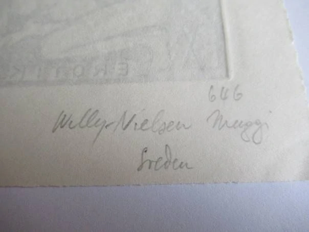 Exlibris – Gianni Mantero – Willy Nielsen Muggi – Švédsko, cca 1960 – původní lept / rytina (C3) – 14,5×12,5 cm