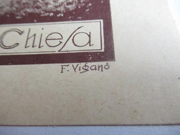 Exlibris – Dirce Chiesa – F. Viganó – Itálie – původní linoryt (X3) v barvě – 12×9 cm