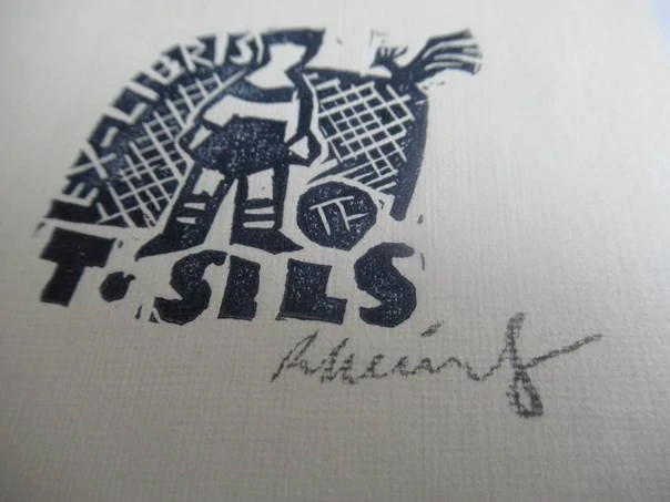 Exlibris – T. Sils – Rudolf Heimrat – Lotyšsko – původní linoryt (X3) – 12,5×7,5 cm