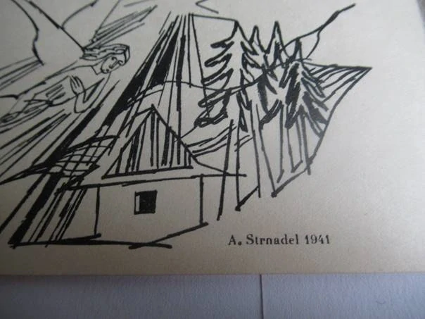 Původní sběratelská novoročenka p. f. 1946 Josef Glivický s rodinou – autor Antonín Strnadel (15 × 11 cm)