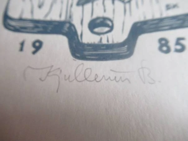 Původní sběratelská novoročenka PF 1985 s motivem kaprů – autorská signovaná grafika (14,5 × 10,5 cm)