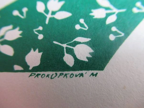 Původní sběratelská novoročenka PF 1987 s podpisem – autorka Milada Prokopková (14,5 × 10,5 cm)