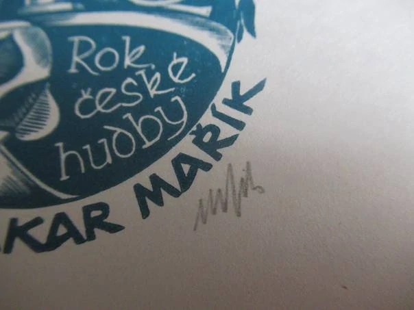Původní sběratelská novoročenka P.f. 1984 MUDr. Otakar Mařík – Rok české hudby, signovaná grafika (15 × 10,5 cm)