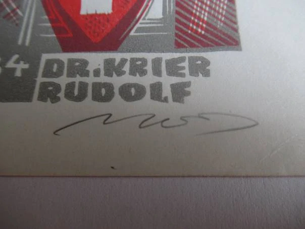 Původní sběratelská novoročenka PF '84 Dr. Krier Rudolf – autor László L. Nagy, kombinovaná technika X2/X3 (15 × 10,5 cm)