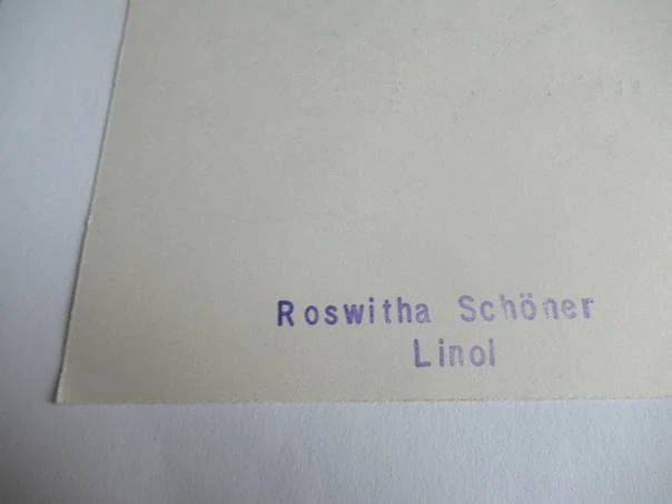 Původní sběratelská novoročenka PF 1972 Ludwig Spindelberger – autorka Roswitha Schöner, ručně kolorovaný linoryt (15,5 × 12 cm)