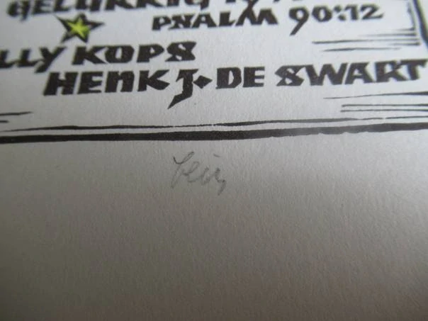 Původní sběratelská novoročenka Gelukkig 1971 Nelly Kops & Henk J. de Swart – autor Prof. Otto Feil, ručně kolorovaný linoryt (14 × 10 cm)
