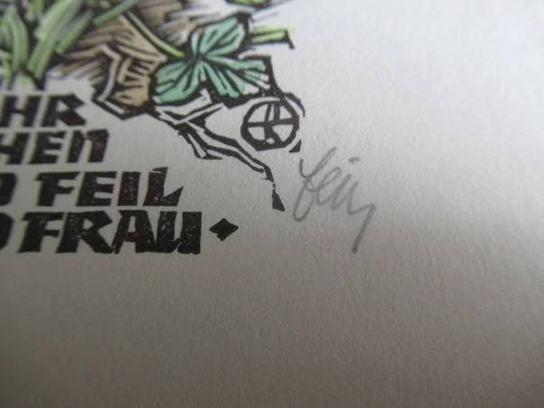 Původní sběratelská novoročenka Ein gutes Jahr wünschen Otto Feil und Frau 1970 – autor Prof. Otto Feil, ručně kolorovaný linoryt (15 × 10,5 cm)