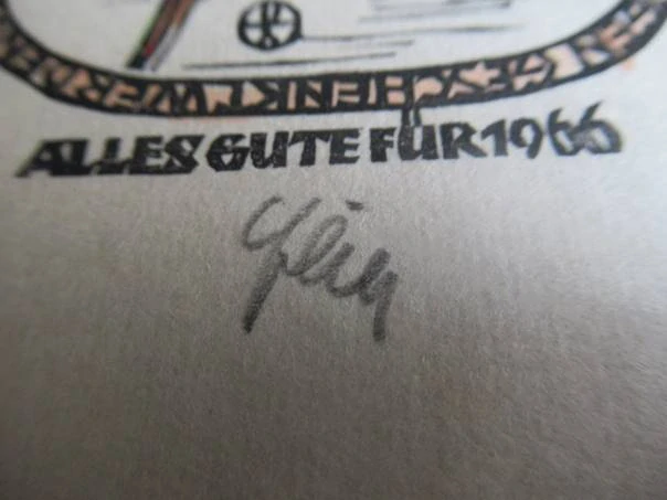 Původní sběratelská novoročenka Alles Gute für 1966 – autor Prof. Otto Feil, ručně kolorovaný dřevořez na japonském papíře (15,5 × 9,5 cm)
