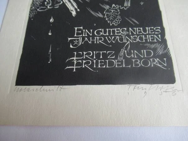 Původní sběratelská novoročenka Ein gutes neues Jahr wünschen Fritz und Friedel Born – dřevoryt X2 (19 × 12 cm)
