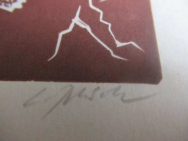 Původní sběratelská novoročenka PF 1997 Jaroslav Dědek – autor Ladislav Rusek (Šaman), dvoubarevný linoryt X3/2 (20 × 10 cm)