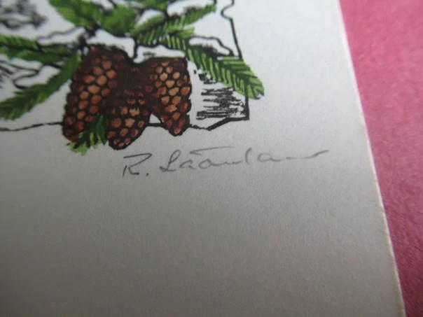 Původní sběratelská novoročenka P.f. 1981 M. & R. Laanlan – autorský signovaný linoryt na červené podložce