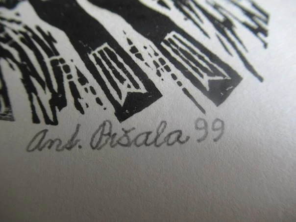 Původní sběratelská novoročenka P.f. 2000 – autor Antonín Pršala, motiv sjezdaře na lyžích, linoryt X3 (17,5 × 15 cm)