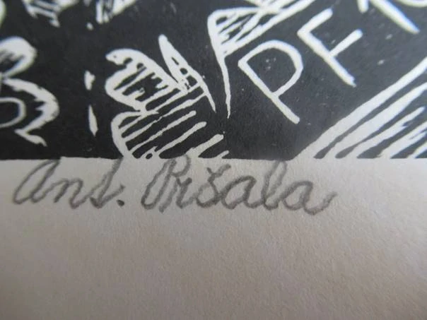 Původní sběratelská novoročenka PF 1997 – autor Antonín Pršala, motiv ptáčka na bodláku, linoryt X3 (17,5 × 15 cm)