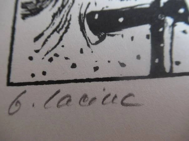Původní sběratelská novoročenka PF 1959 – autorské dílo Bohdana Laciny, signováno, dřevoryt/zinkografie (20,5 × 14,5 cm)