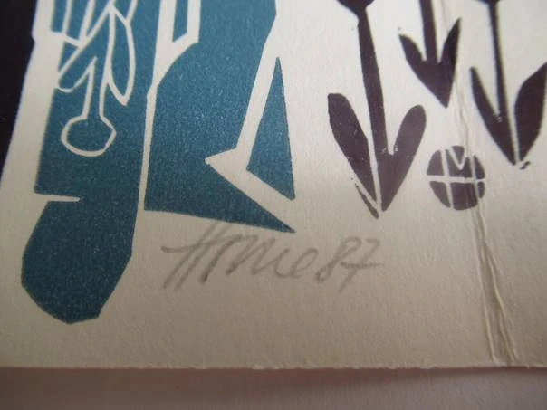 Sběratelská PF 1988 – motiv muž s číší pod rozkvetlým stromem, barevný linoryt X3 (21 × 10,5 cm)