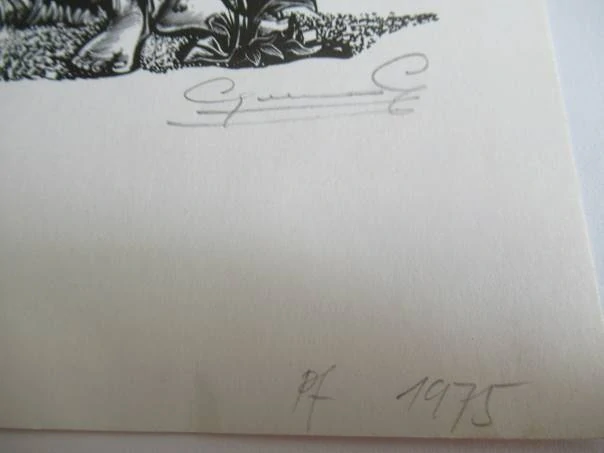 Sběratelská PF 1975 – autor: Gerard Gaudaen – motiv ženský akt v rozkvetlé zahradě, dřevoryt X2 (21 × 10,5 cm)