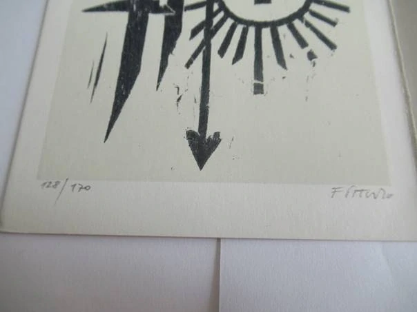 Sběratelská PF 1979 – autor: František Peterka – motiv slunce a vánoční strom, dřevořez X1 (19,5 × 10 cm)