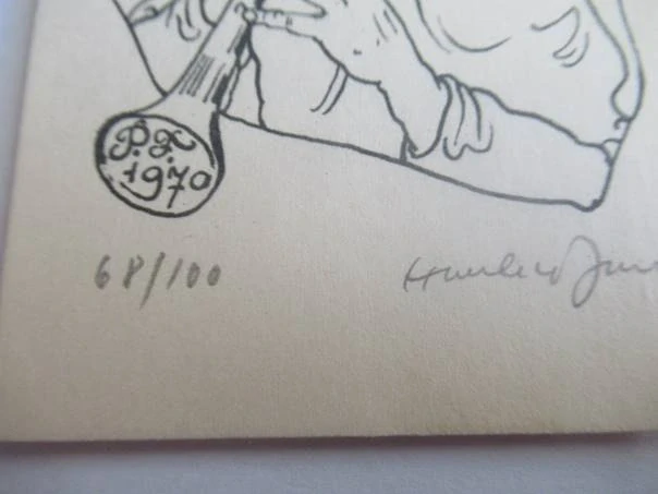 Původní sběratelská novoročenka PF 1970 – autor Vladimír Havlic, signovaný a číslovaný linoryt / zinkografie (12,5 × 6,5 cm)