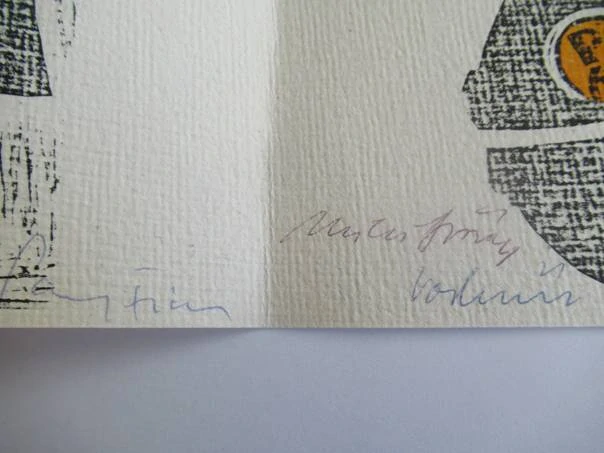 Původní sběratelská novoročenka Kladivadlo Ústí nad Labem – 2x autorský podpis (Pavel Turnovský a Pavel Fiala), dvoubarevný linoryt (14,5 × 10,5 cm)