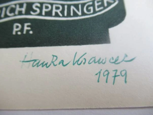 Původní sběratelská novoročenka P.F. 1979 MUDr. Erich Springer – autorka Hanka Krawcec, signovaný linoryt (16 × 10,5 cm)