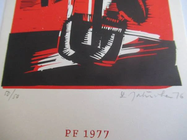 Původní sběratelská novoročenka PF 1977 František Alex – autorka Ludmila Jahůdková, signovaný a číslovaný barevný linoryt (20,5 × 9,5 cm)