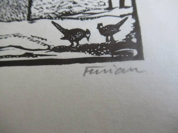Původní sběratelská novoročenka K. a J. Vaníčkovi PF 1973 – autor Michael Florian (Stará Říše), signovaný původní dřevoryt na tmavém podkladu (21 × 14 cm)