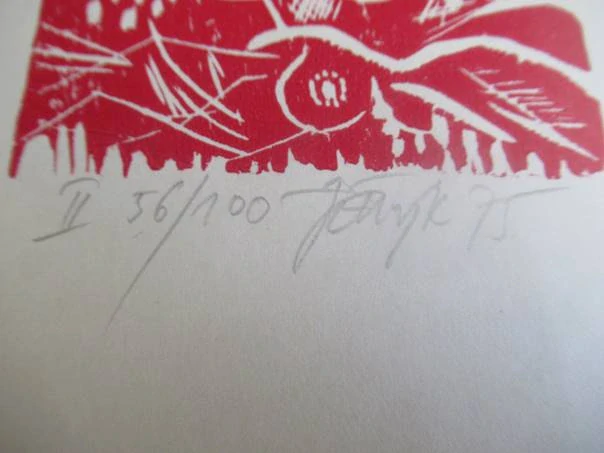 Původní sběratelská novoročenka PF 1976 Helena a Aleš Babincovi – autor Jan Antonín Pacák (Jeňýk), motiv Slunovrat, signovaný dřevořez X1 (21 × 10,5 cm)