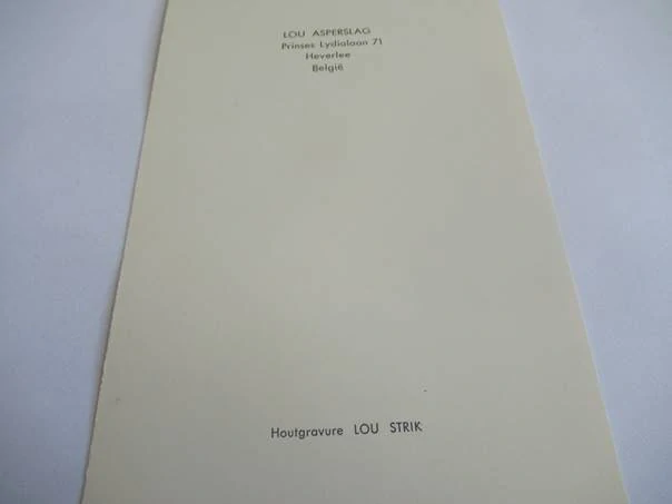 Původní sběratelská novoročenka Lou Asperslag pf 1964 – autor Lou Strik, původní dřevoryt / xylografie (18,5 × 9,5 cm)