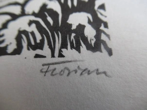 Původní sběratelská novoročenka MUDr. Josef Kořenek P. F. 1975 – autor Michael Florian (Stará Říše), motiv Tří králů na velbloudech, původní dřevoryt (15 × 10 cm)