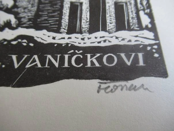Původní sběratelská novoročenka K. a L. Vaníčkovi PF 1980 – autor Michael Florian (Stará Říše), motiv zimní rotundy, signovaný původní dřevoryt na červeném podkladu (20,5 × 14 cm)