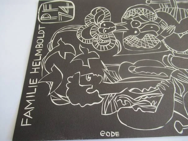 Původní sběratelská novoročenka FAMILIE HELMBOLDT PF 74 – autor GODE (Nizozemsko), motiv muže a ženy u stromu, původní autorský tisk (22 × 15,5 cm)