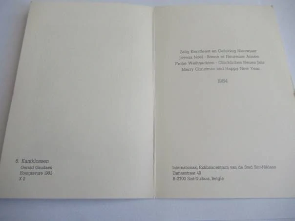 Původní sběratelská novoročenka Kantklossen 1984 – autor Gerard Gaudaen (Belgie), motiv krajkářek a sv. Mikuláše, původní dřevoryt X2 (17,5 × 11,5 cm)