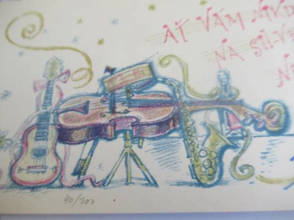 Původní sběratelská novoročenka Silvestr 76 – ilustrace Jan Černý Klatovský, autorský podpis Jan Kanyza, barevná litografie (21 × 10,5 cm)