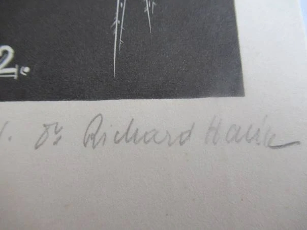 Původní sběratelská novoročenka P. f. '62 – autor Richard Hauke, motiv pavouka křižáka, signovaný linoryt (12,5 × 7,5 cm)