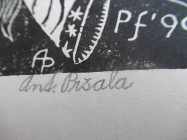Novoroční PF 1999 s motivem anděla s trubkou a Betlémskou hvězdou, vhodné pro sběratele novoročenek a drobné grafiky, autor Antonín Prsala, originální podepsaný linoryt, rozměr 17,5 × 14,5 cm