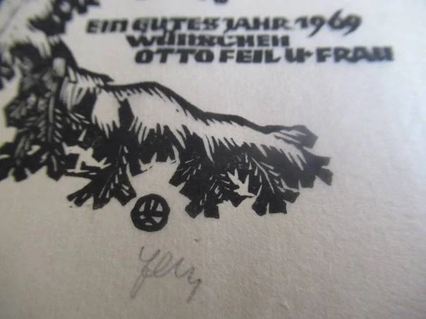 Novoroční PF 1969 s motivem zasněžené jedlové větve pro Otto Feila s chotí, vhodné pro sběratele novoročenek a drobné grafiky, originální podepsaný tisk, rozměr podkladového papíru 13,5 × 9,5 cm (PF grafika 12,5 × 9 cm)