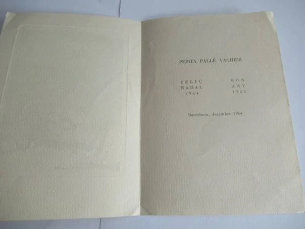 Novoroční PF 1965 s motivem příjezdu kočáru v historické zasněžené uličce pro Pepitu Pallé Vachier, vhodné pro sběratele PF a španělské grafiky, autor José Mª Chico, ručně kolorovaná litografie, rozměr složeného listu 17 × 12 cm
