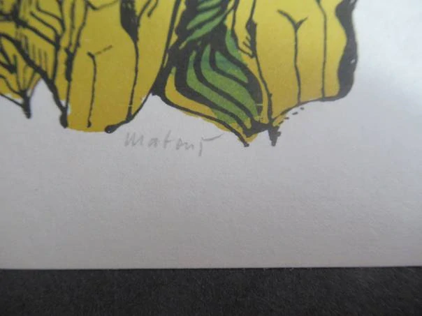 Volná grafika s motivem slunečnice a ženských aktů v krajině, vhodné pro sběratele drobné grafiky a moderního umění, autor Matouš, originální podepsaný tisk (vícebarevná grafika), rozměr podkladového černého papíru 20,5 × 14 cm (samotná grafika 13 × 9,5 c