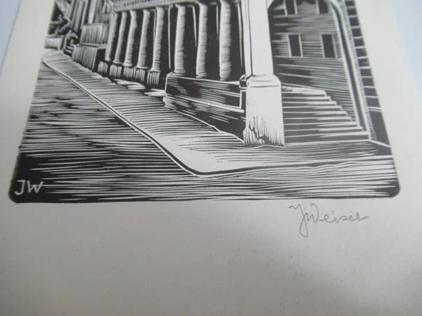 Volná grafika s motivem pražské Lorety (monogram JW), vhodné pro sběratele české moderní grafiky a pražských motivů, autor J. Weiser, originální podepsaný tisk (linoryt), rozměr 21 × 10 cm