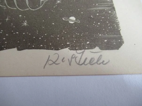 Volná grafika s mírovým motivem alegorie a stisku rukou ve vesmíru, vhodné pro sběratele poválečné grafiky a historické tematiky, originální podepsaný tisk (linoryt), rozměr 17 × 12 cm