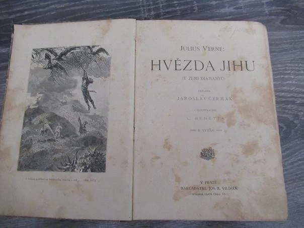 Kniha Hvězda jihu (V zemi diamantů) – dobrodružný román, vhodné pro sběratele verneovek a retro literatury, autor Jules Verne, II. vydání (1913), původní pevná celoplátěná vazba (Vilímkovo levné illustrované vydání), rozměr 20 × 14 cm.