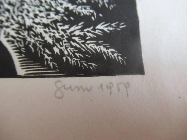 Volná grafika s motivem bohatého květinového zátiší ve váze, originální tisk z roku 1959, vlastnoruční autorská signatura a datace, rozměr 20 × 15 cm